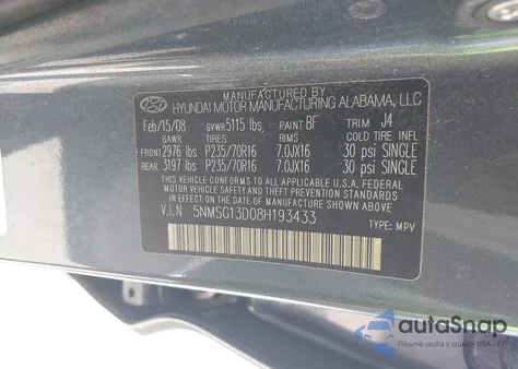 2008 Hyundai Santa Fe Gls z USA, uszkodzony, nr VIN 5NMSG13D08H193433